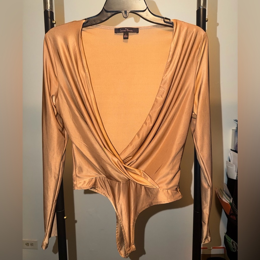 Love Tree Tan Long Sleeve Wrap Bodysuit Size Large